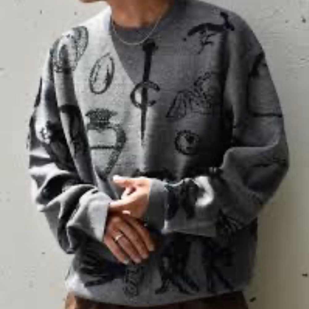 Passport Gray and Black Crewneck Sweater with Doodle Print